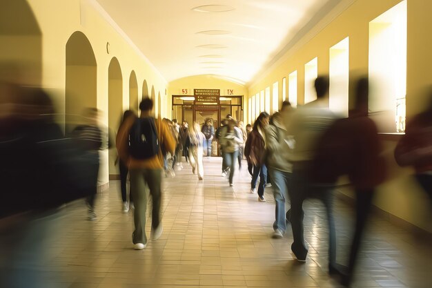 Scatto sfocato di studenti delle scuole superiori che camminano tra le classi in un edificio scolastico affollato