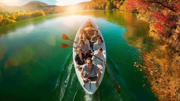 Scatto verticale di persone che navigano in un'ake verde piena circondata da una colorata foresta d'autunno