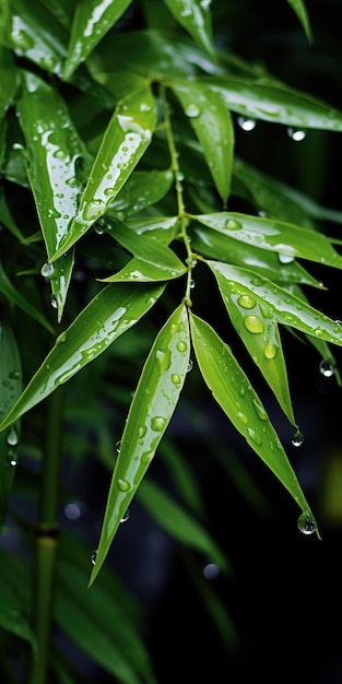 scatto verticale di rami di bambù con gocce di pioggia Foto di alta qualità AI generativa