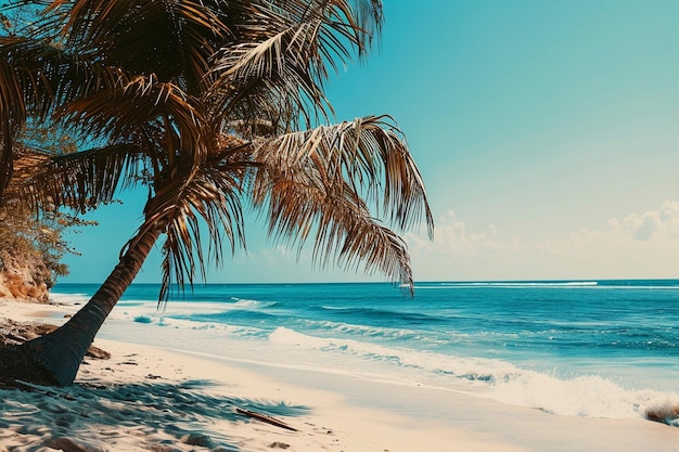 Scatto verticale di una palma curva sulla spiaggia