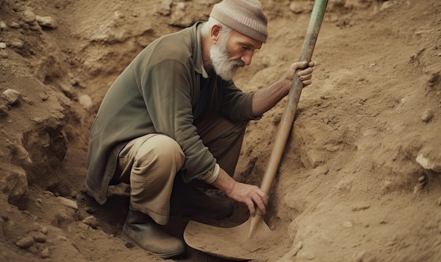 Scavando nell'arido deserto l'uomo lavora da solo Creando utilizzando strumenti di intelligenza artificiale generativa