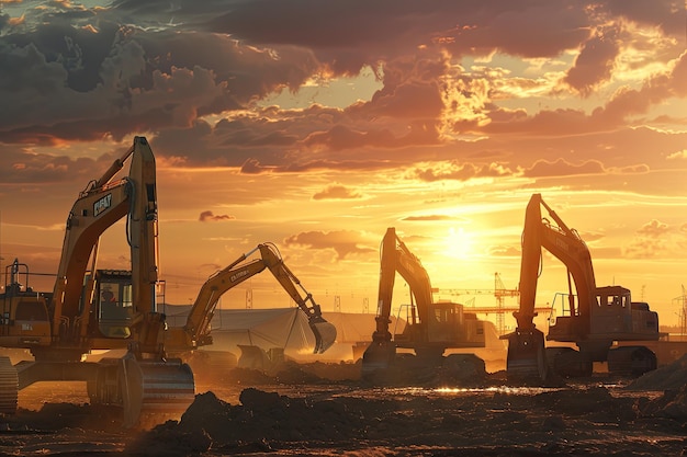 scavatore Tre scavatori lavorano sul cantiere al tramonto