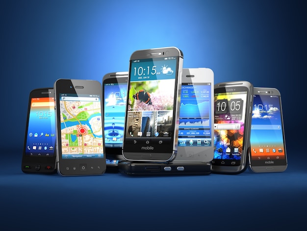 Scegli il cellulare Riga dei diversi smartphone su sfondo blu 3d