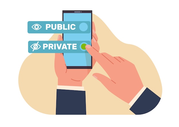 Scelta pubblica o privata individuale controlla pulsante privato Smartphone in mano Trattamento delle decisioni Gestione dei dati Controllo sul pulsante Illustrazione a cartone animato a piatto isolato Concetto vettoriale