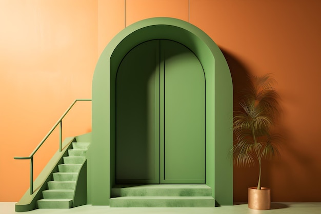 Scena 3D di grandi doppie porte e scala verde