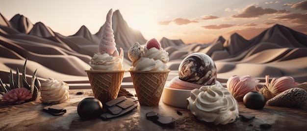 Scena 3D di prelibatezze gelato e un paesaggio desertico