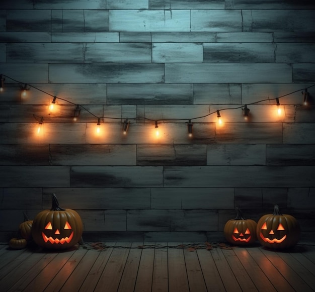 Scena accattivante di lampadine luminose di Halloween che decorano una parete di legno rustica generata dall'AI