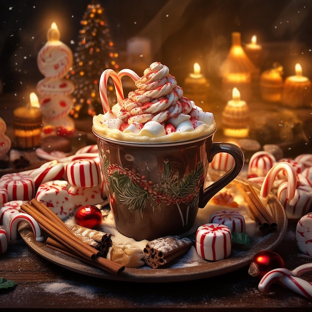 scena accogliente con una tazza fumante di cioccolata calda condita con panna montata e bastoncini di zucchero