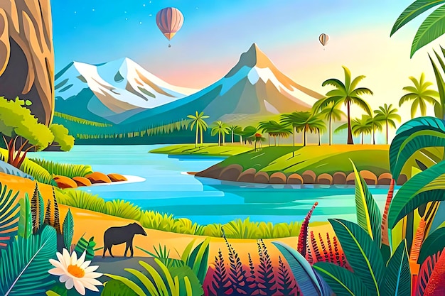 Scena acquatica vibrante di illustrazione di animali naturali sullo sfondo del cielo blu