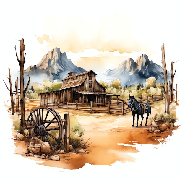 scena ad acquerello western wild west cowboy deserto illustrazione clipart