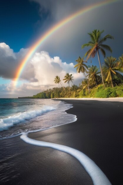 Scena affascinante Arcobaleno luminoso sopra il mare scintillante Nuvole brillanti sulla spiaggia di sabbia nera con palme