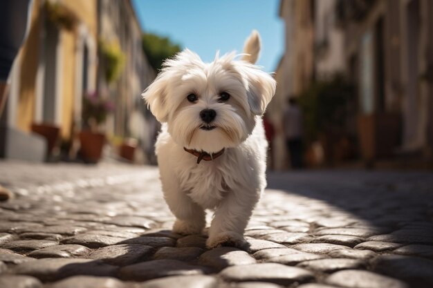 Scena affascinante Caro cane maltese in piedi su una strada di ciottoli