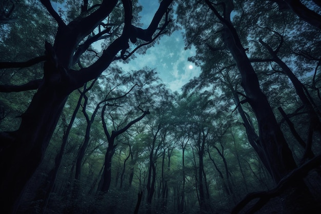 Scena al chiaro di luna in una fitta foresta con alberi nodosi e ombre inquietanti che esaltano la mistica