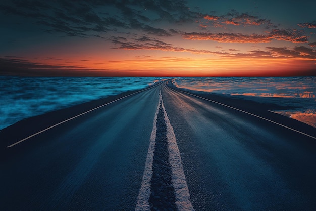 Scena al tramonto dell'autostrada asfaltata vuota e dell'oceano blu