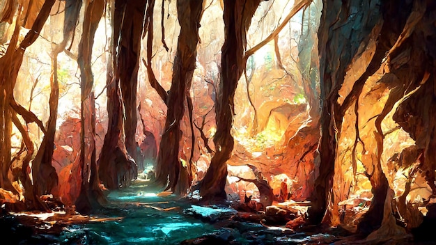 Scena all'interno della grotta con la foresta al di fuori dell'illustrazione 3D