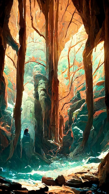 Scena all'interno della grotta con la foresta al di fuori dell'illustrazione 3D