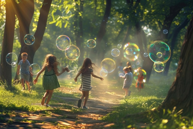 Scena allegra di bambini che inseguono bolle in un parco verde lussureggiante