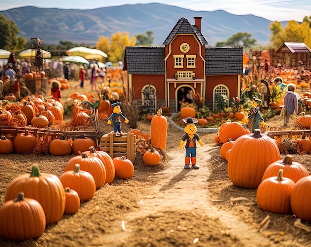 Scena ambientata in un campo di zucche famiglie che raccolgono zucche bambini in costume e spaventapasseri