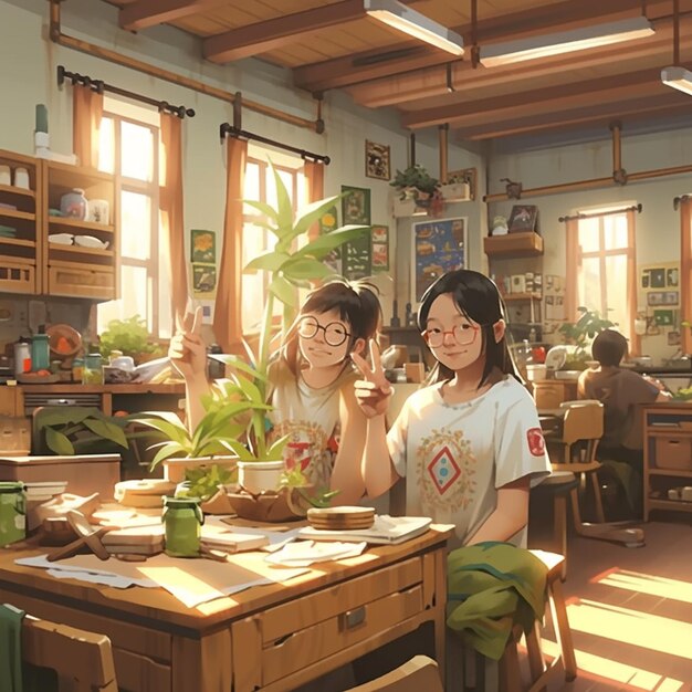 scena anime di due ragazze sedute a un tavolo con una pianta in un vaso ai generativo