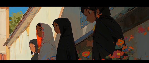 scena anime di un gruppo di donne in hijab in piedi davanti a un edificio