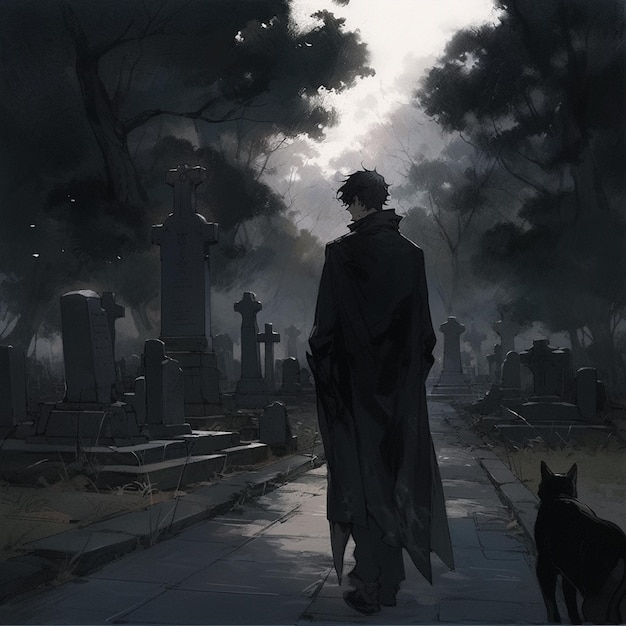 scena anime di un uomo che cammina in un cimitero con un gatto generativ ai