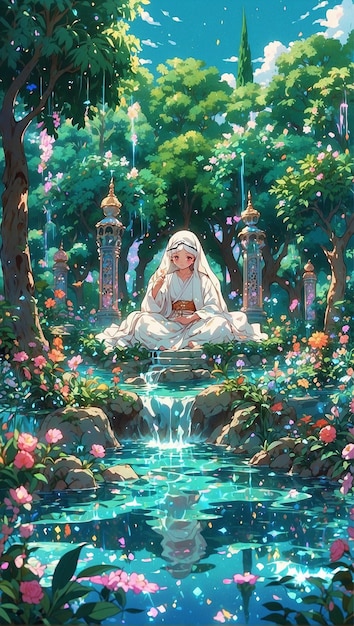 Scena anime ispirata en arte islamico jardin ornado simbolizando el Paraiso rios y arboles celesti