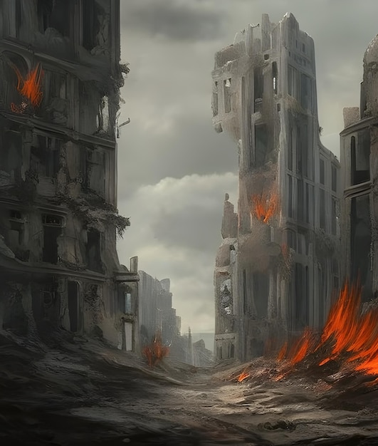 Scena apocalittica del giorno di Doom di fiamme di fuoco in una città in rovina con un'illustrazione di intelligenza artificiale generativa dell'edificio distrutto