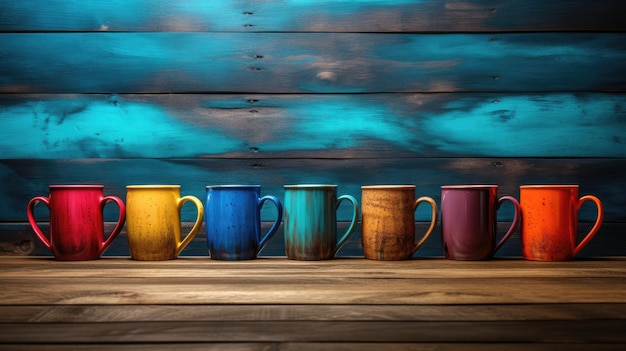 scena artistica con tazze di caffè vibranti su un tavolo di legno sullo sfondo grunge