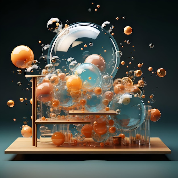 scena astratta con bolle e una mensola in legno rendering 3d