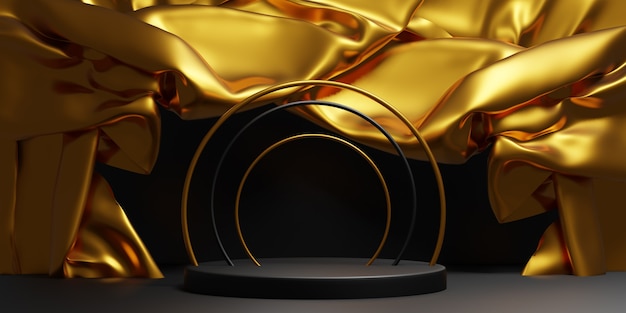 Scena astratta geometrica nera e dorata elegante del podio per la presentazione del prodotto. illustrazione 3D