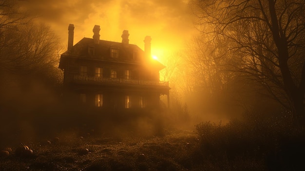 Scena atmosferica di Halloween con una casa inquietantemente serena al tramonto