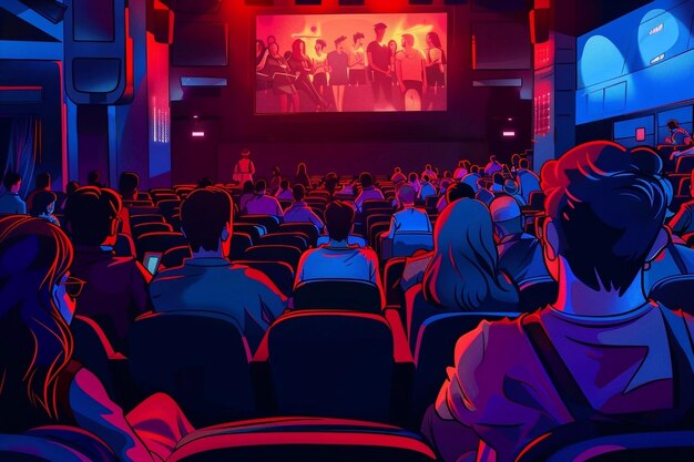 Scena cinematografica con il pubblico che guarda un film in una sala cinematografica