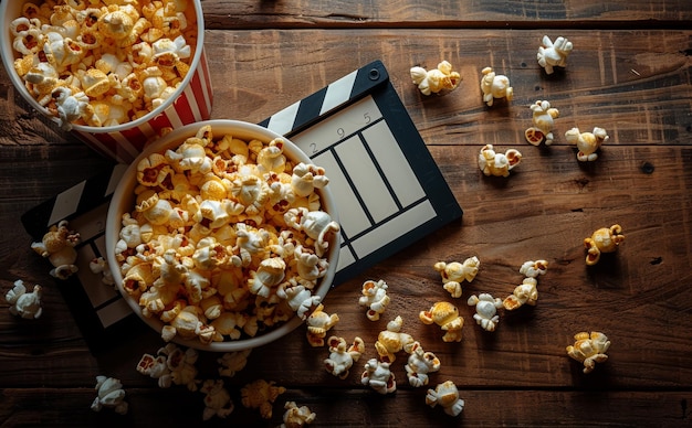 Scena cinematografica con secchio di popcorn e clapperboard di film su tavolo di legno