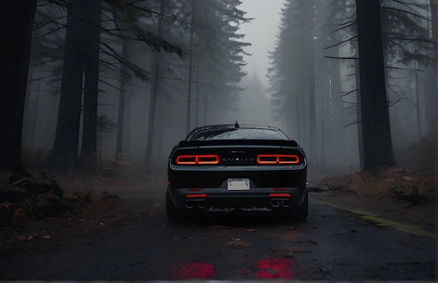 scena cinematografica e realistica con un'auto nera Challenger SRT Hellcat Redeye con tempo nebbioso