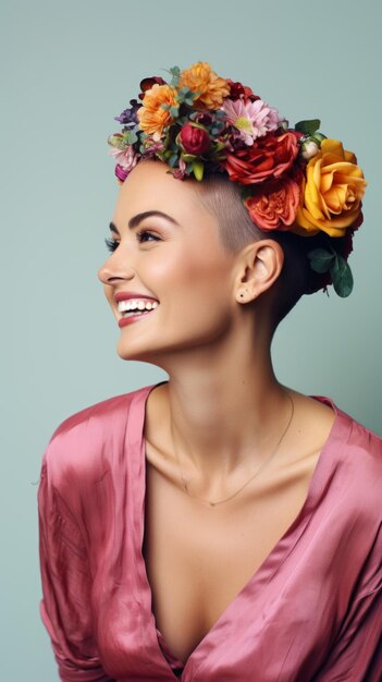 Scena cinematografica vista laterale a lungo tiro corona di fiori sulla testa calva di donna europea sorridente indossando
