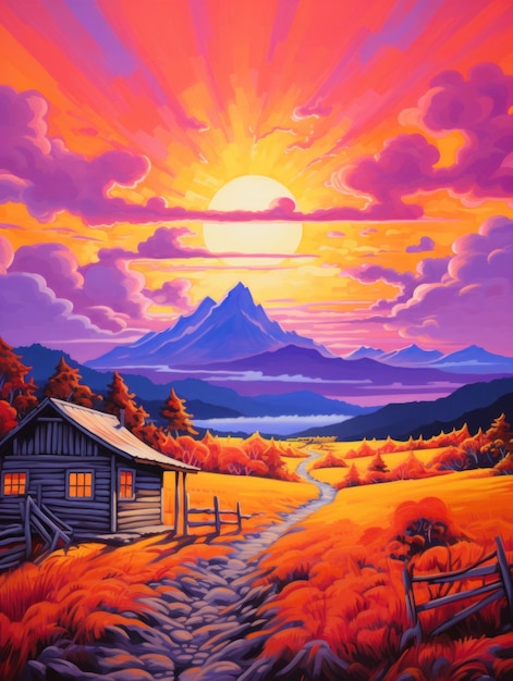 Scena colorata del tramonto con cottage su uno sfondo di montagna in stile dipinto a olio