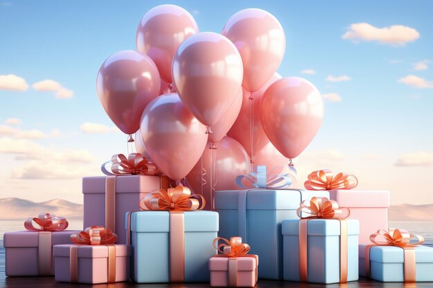 Scena commovente con palloncini dei cartoni animati e scatole regalo che mostrano la felicità AI generativa