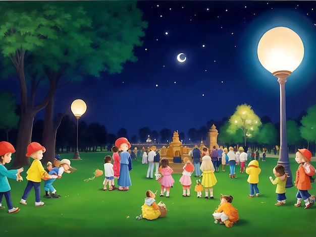 Scena con molti bambini nel parco di notte