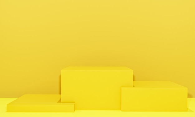 Scena con podio di colore giallo per simulazione di presentazione in stile minimalista con spazio di copia, rendering 3d sfondo astratto