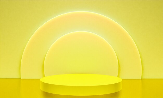 Scena con podio di colore giallo per simulazione di presentazione in stile minimalista con spazio di copia, rendering 3d sfondo astratto