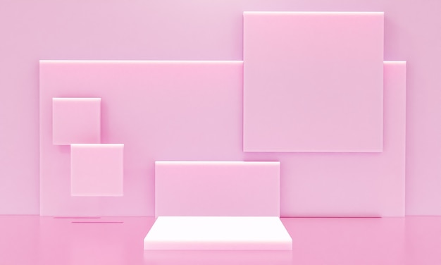 Scena con podio di colore rosa per simulazione di presentazione in stile minimalista con spazio di copia, rendering 3d sfondo astratto