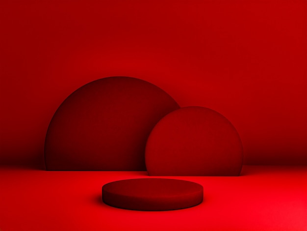 Scena con podio di colore rosso per simulazione di presentazione in stile minimalista con spazio di copia, rendering 3d sfondo astratto