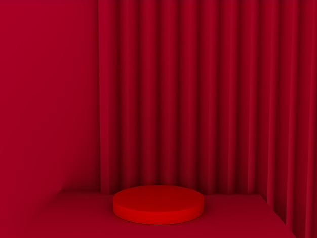 Scena con podio di colore rosso per simulazione di presentazione in stile minimalista con spazio di copia, rendering 3d sfondo astratto