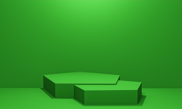 Scena con podio di colore verde per simulazione di presentazione in stile minimalista con spazio di copia, rendering 3d sfondo astratto