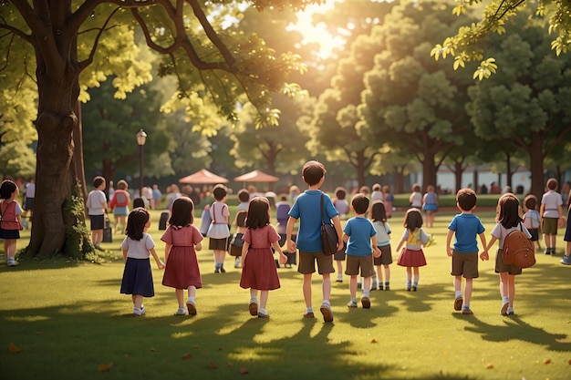 Scena con tanti bambini nel parco