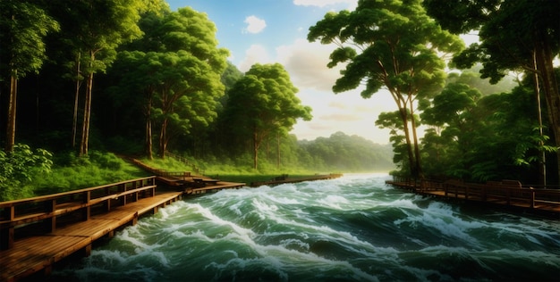 Scena con una tavola da lago che corre sul fiume, ambiente scenico naturale, disegno della natura, foresta t