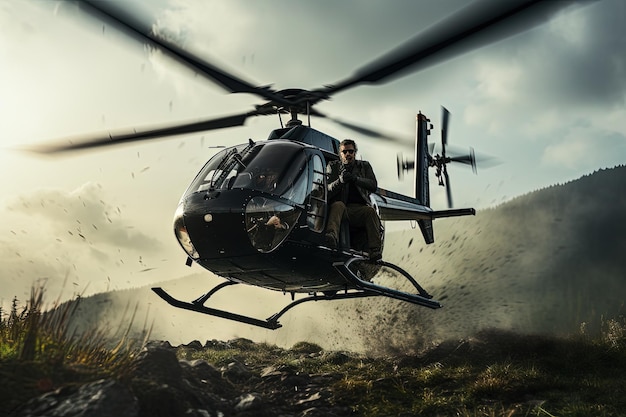 Scena d'azione con elicottero che vola in aria Scena dinamica in stile blockbuster di film d'azione Generata da IA