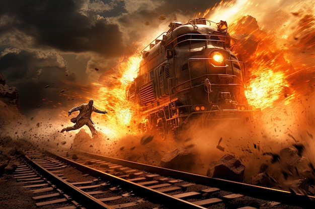 Scena d'azione con un uomo che salta dal treno Scena dinamica con l'esplosione di un vagone ferroviario in stile blockbuster di un film d'azione Generata da IA