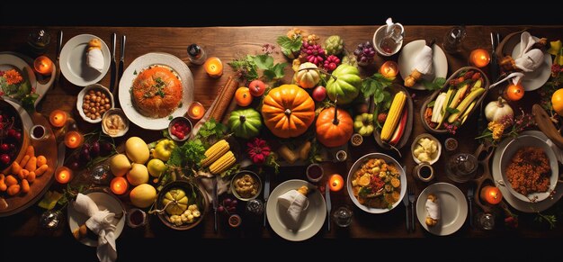 Scena dall'alto Celebrazione del Ringraziamento Cena tradizionale Impostazione del cibo Concetto del Ringraziamento Cena