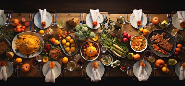 Scena dall'alto Celebrazione del Ringraziamento Cena tradizionale Impostazione del cibo Concetto del Ringraziamento Cena